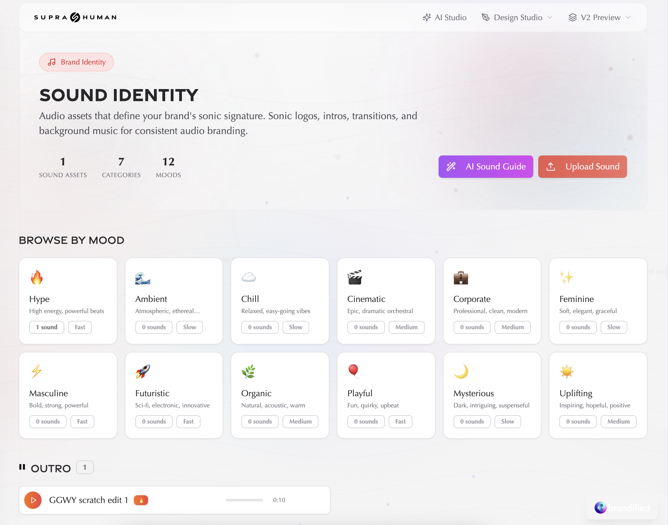 AI Studio - Brand Health Score showing comprehensive brand assessment with metrics for strategy, visual, voice, consistency, and completeness